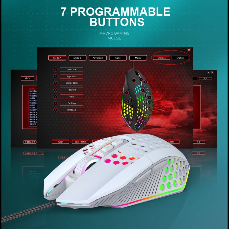 Mouse gamer RGB con cable X801 7 botones programables.