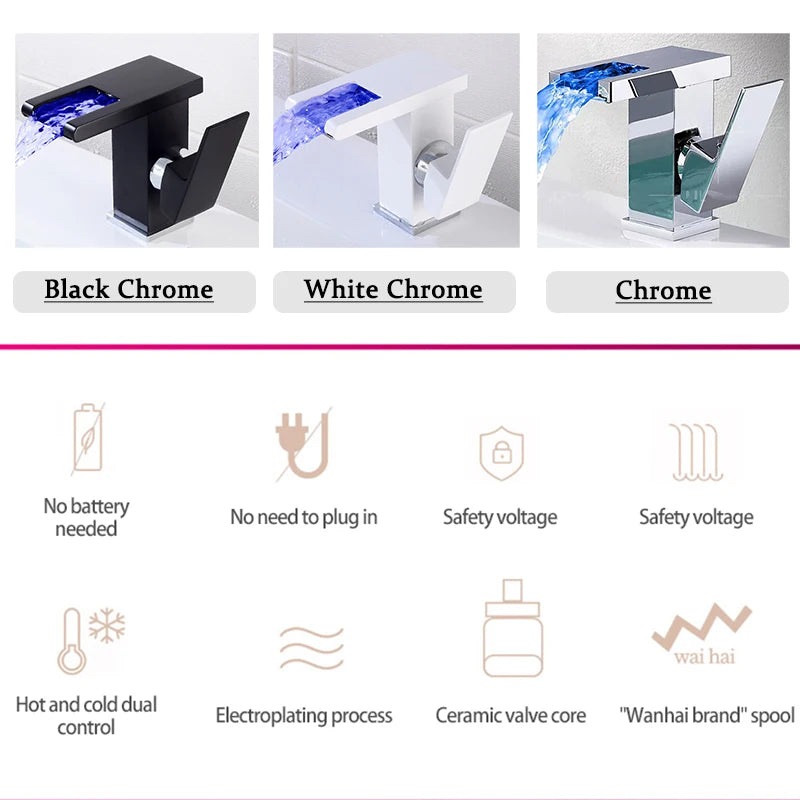 Grifo de cascada LED hidroeléctrico para baño, montado en cubierta.