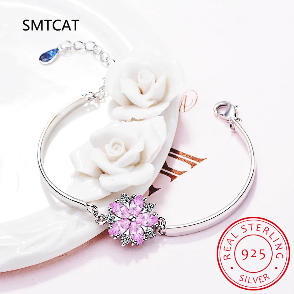 Pulsera de plata de ley 925 con diamantes de moissanita con forma de flor de cerezo