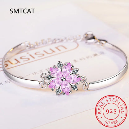 Pulsera de plata de ley 925 con diamantes de moissanita con forma de flor de cerezo