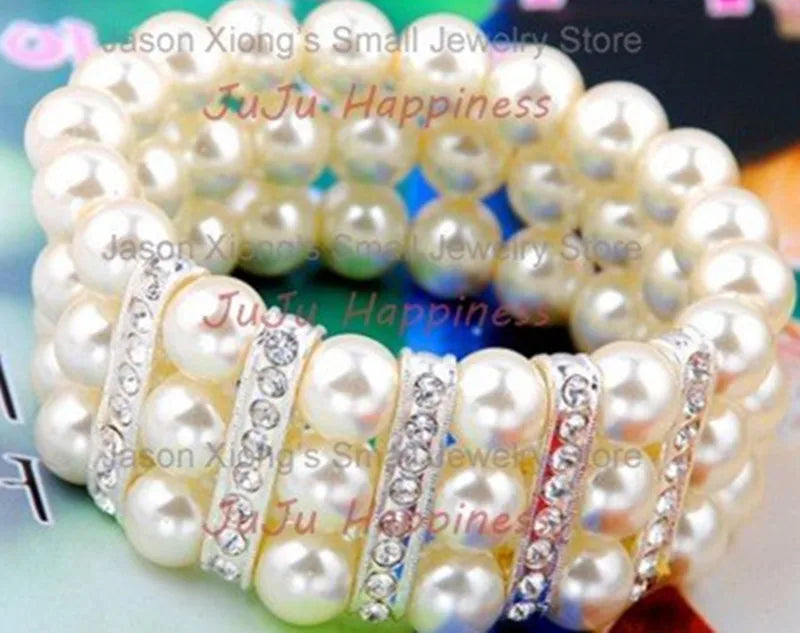 Pulsera elástica con cuentas de perlas de cristal blanco de tres filas