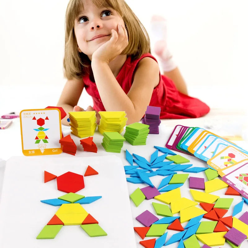 Juego de bloques de diseño de madera para niños, juguetes educativos clásicos Montessori Tangram para guardería, 155 Uds.