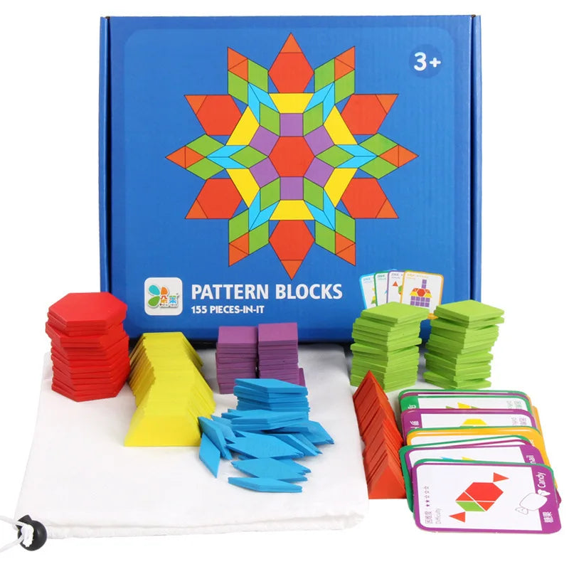 Juego de bloques de diseño de madera para niños, juguetes educativos clásicos Montessori Tangram para guardería, 155 Uds.