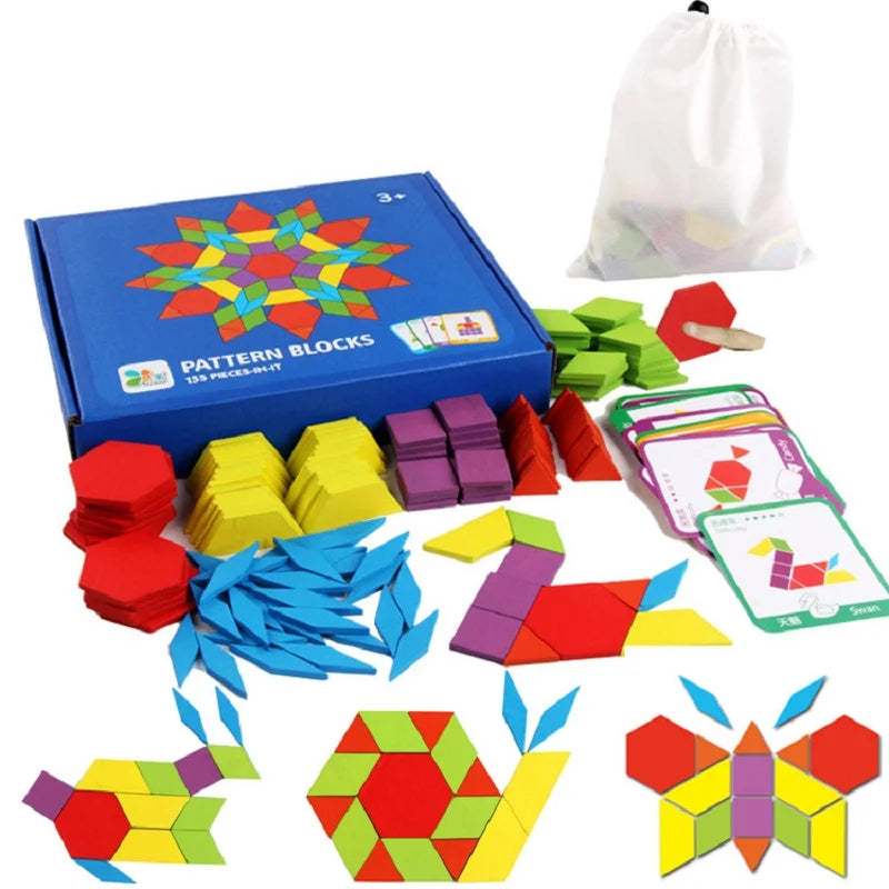 Juego de bloques de diseño de madera para niños, juguetes educativos clásicos Montessori Tangram para guardería, 155 Uds.