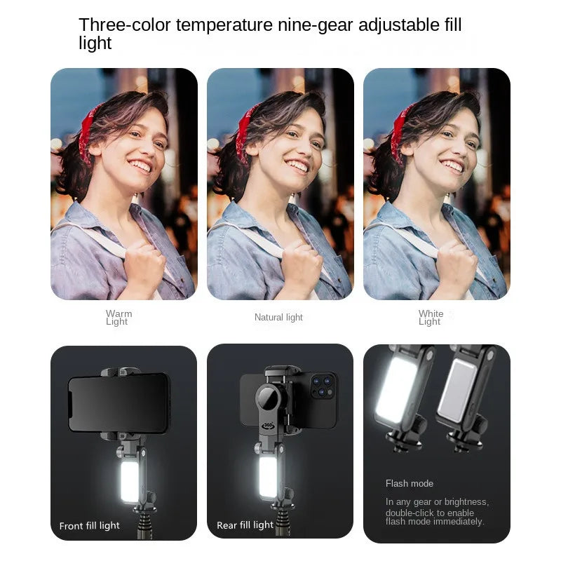 Estabilizador Q18, bastòn Selfie y trípode con luz de relleno para teléfono móvil