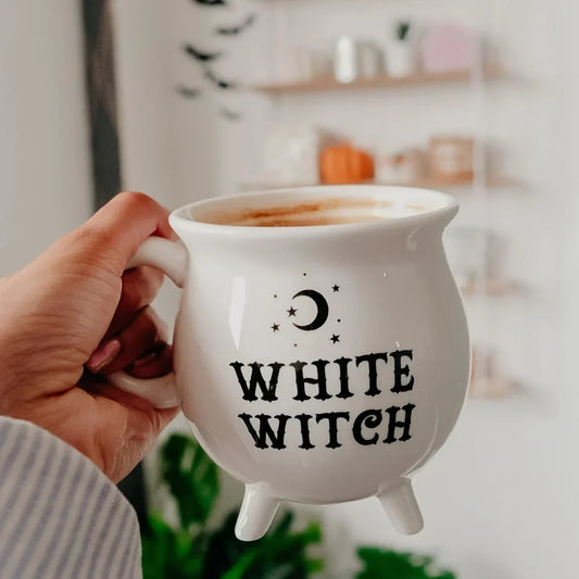 Taza de caldero de cerámica blanca de Witch's Brew, tazas Retro, regalo de Halloween.