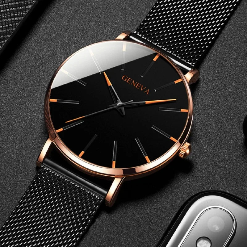 Reloj minimalista con malla de acero inoxidable