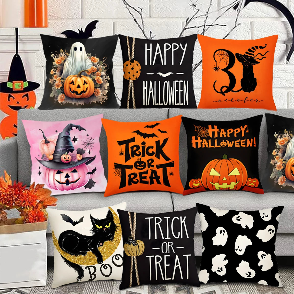 Funda de cojín de Halloween para decoración del hogar, varios diseños, truco o trato?