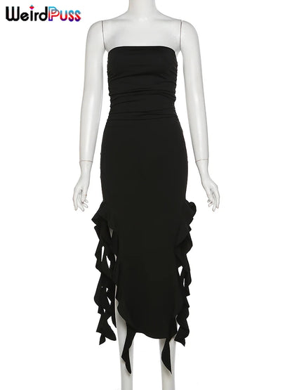 Vestido Sin Tirantes Borla Irregular Skinny Split Maxi