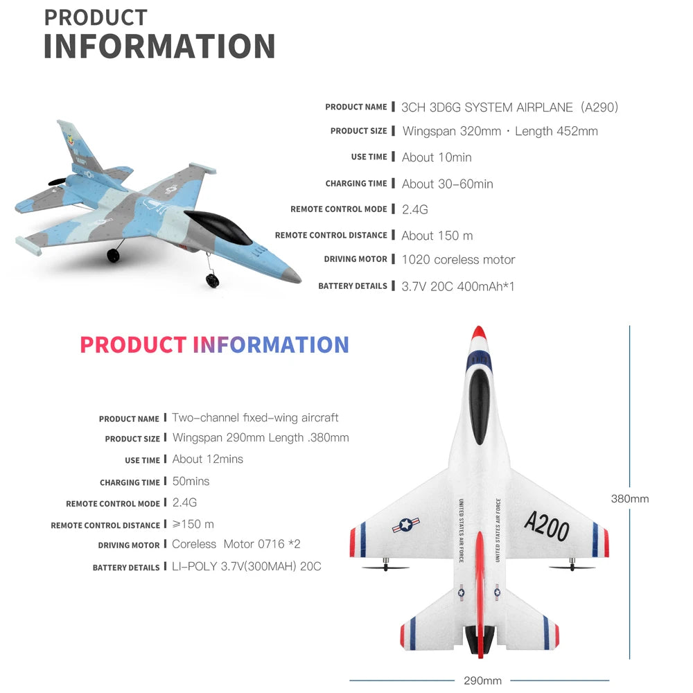 Wltoys A290 F16 3CH RC avión 2,4G