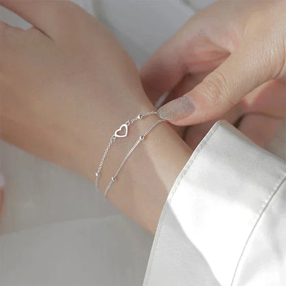 Pulsera de plata de ley 925 con doble corazón de amor y cuentas redondas