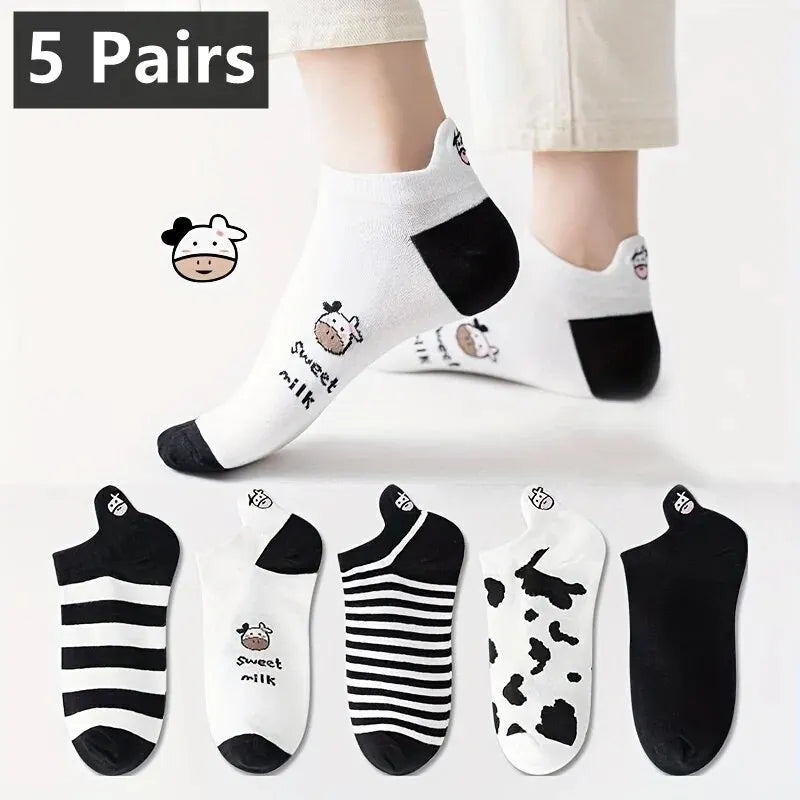 Pack de Calcetines Tobilleros con Estampado de Vaca para Mujer - Diseño Creativo (5 Pares)