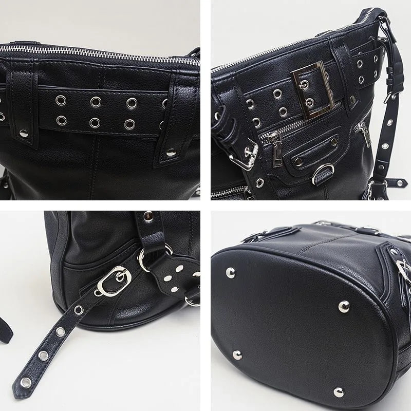 Bolso Mujer Remache De Gran Capacidad Moto Biker Negro