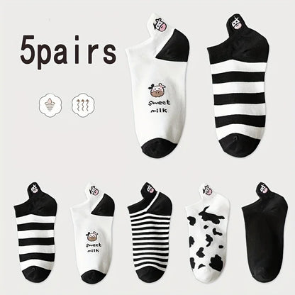 Pack de Calcetines Tobilleros con Estampado de Vaca para Mujer - Diseño Creativo (5 Pares)