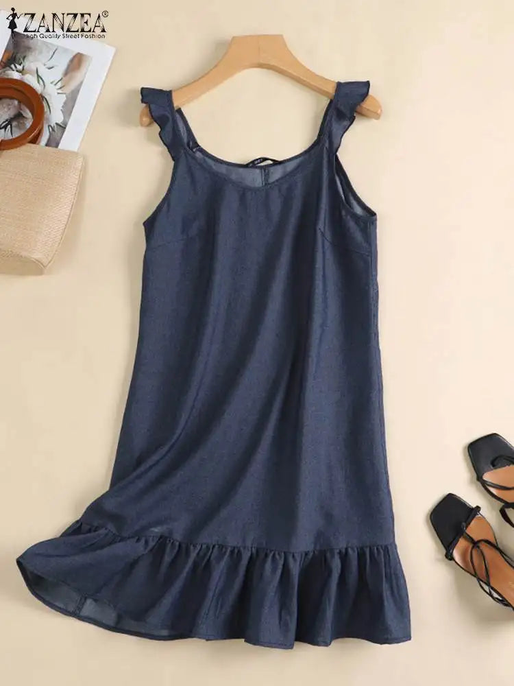 Vestido de verano bohemio estilo denim Sin Mangas Volantes Dobladillo