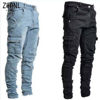 Jeans Hombres Pantalones Wash Multi Bolsillos