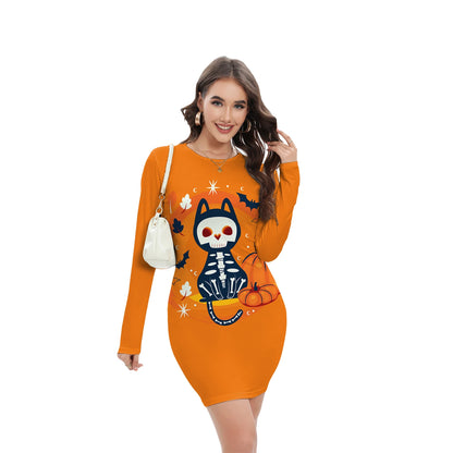 Vestido de fiesta manga larga con estampado 3D de calavera y calabaza