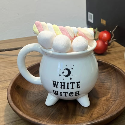 Taza de caldero de cerámica blanca de Witch's Brew, tazas Retro, regalo de Halloween.