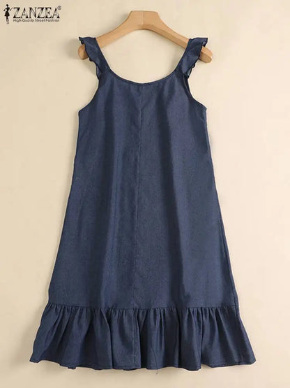 Vestido de verano bohemio estilo denim Sin Mangas Volantes Dobladillo