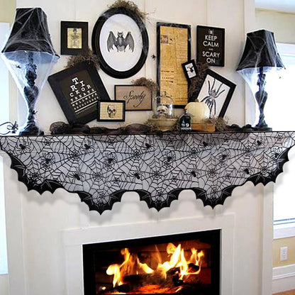 Diseños decorativos de Halloween : Tela de araña negra, mantel de encaje, cortina para chimenea.