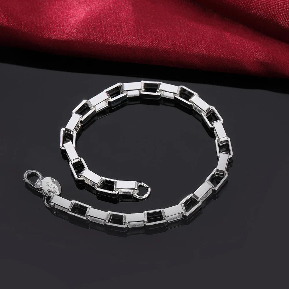 Pulsera clásica de cadena cuadrada larga de plata de ley 925