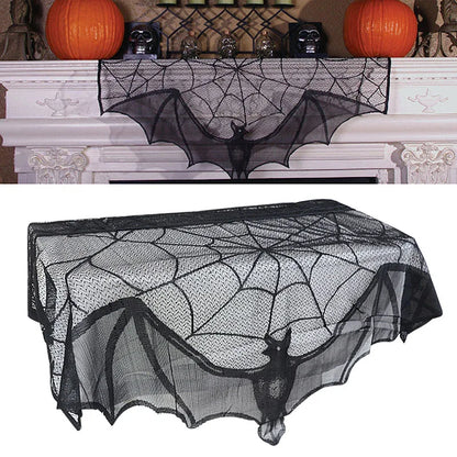 Diseños decorativos de Halloween : Tela de araña negra, mantel de encaje, cortina para chimenea.