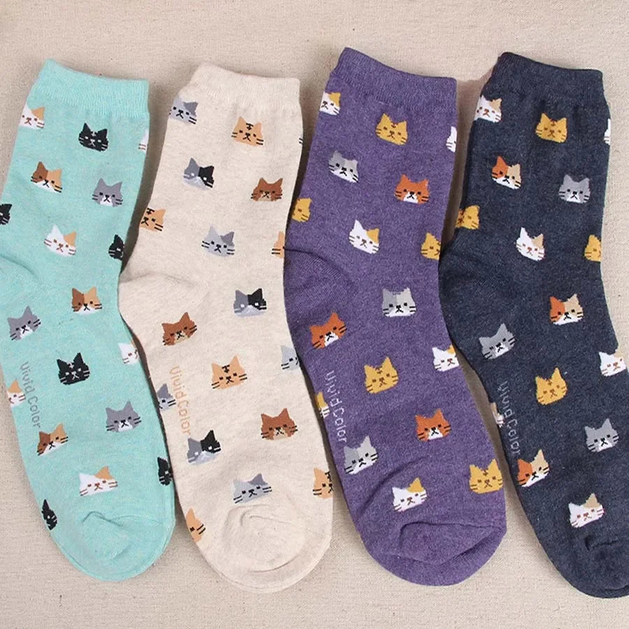 Calcetines con estampado de gato de dibujos animados para mujer, medias Kawaii de estilo japonés.