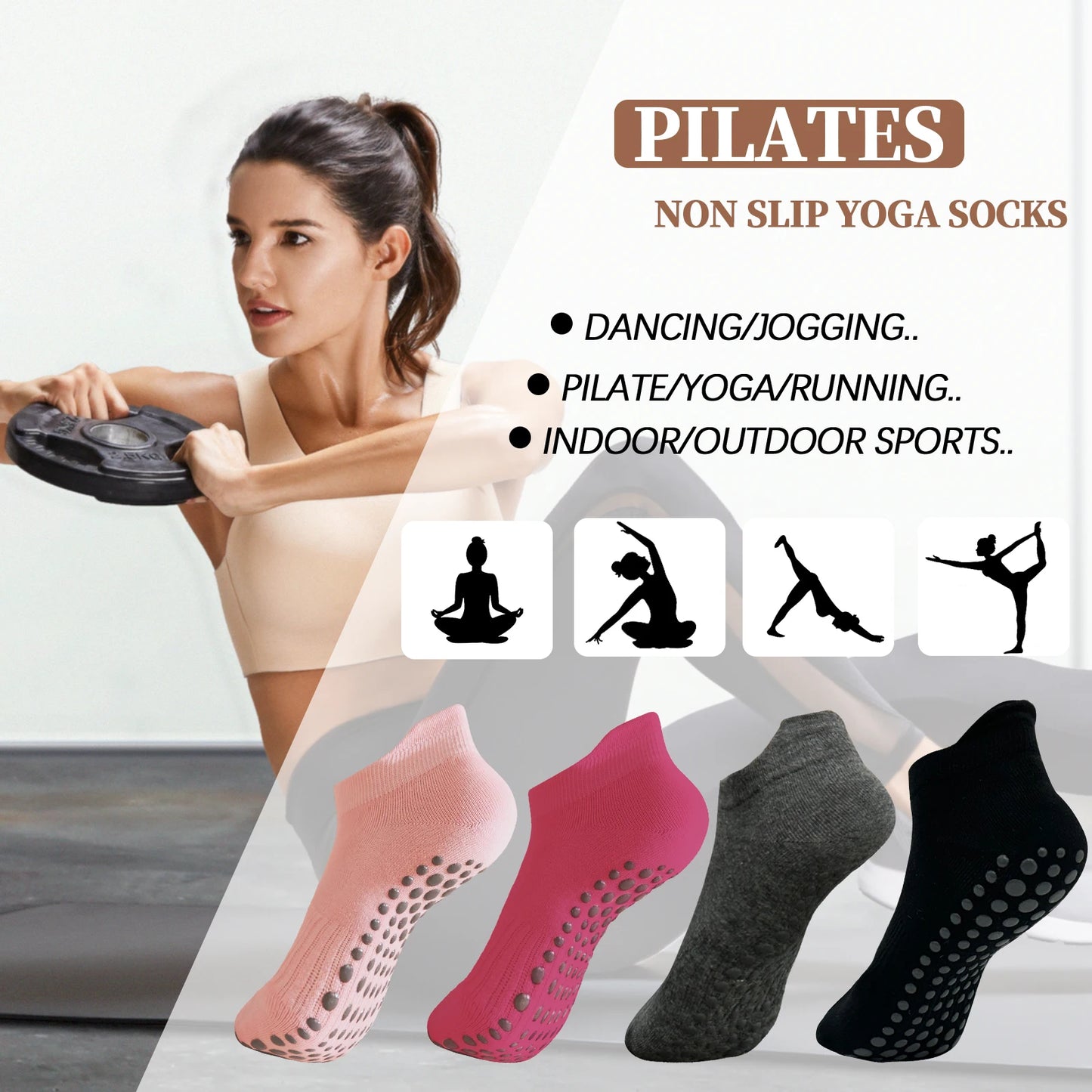 Calcetines de Yoga de algodón para mujer, antideslizantes, suaves y transpirables, Kit de 4 pares.