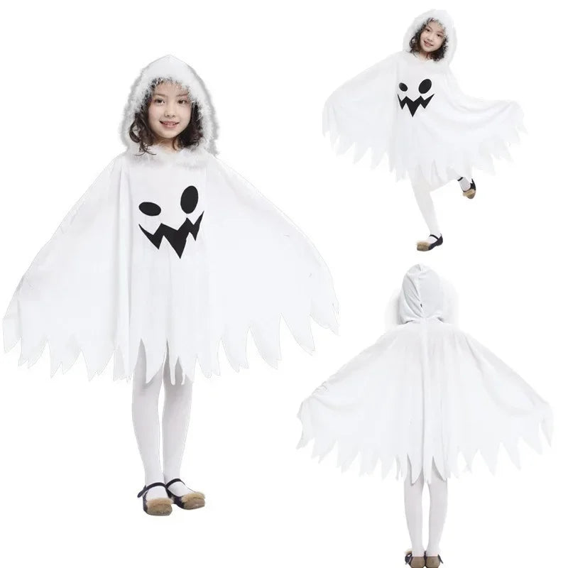 Disfraces para niños, capa con capucha de elfo blanco y fantasma