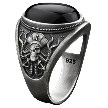 Anillo gótico de calavera pirata y pulpo circonita negra