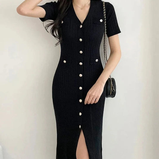 Vestido verano de punto negro estilo coreano con volantes