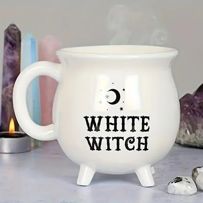 Taza de caldero de cerámica blanca de Witch's Brew, tazas Retro, regalo de Halloween.