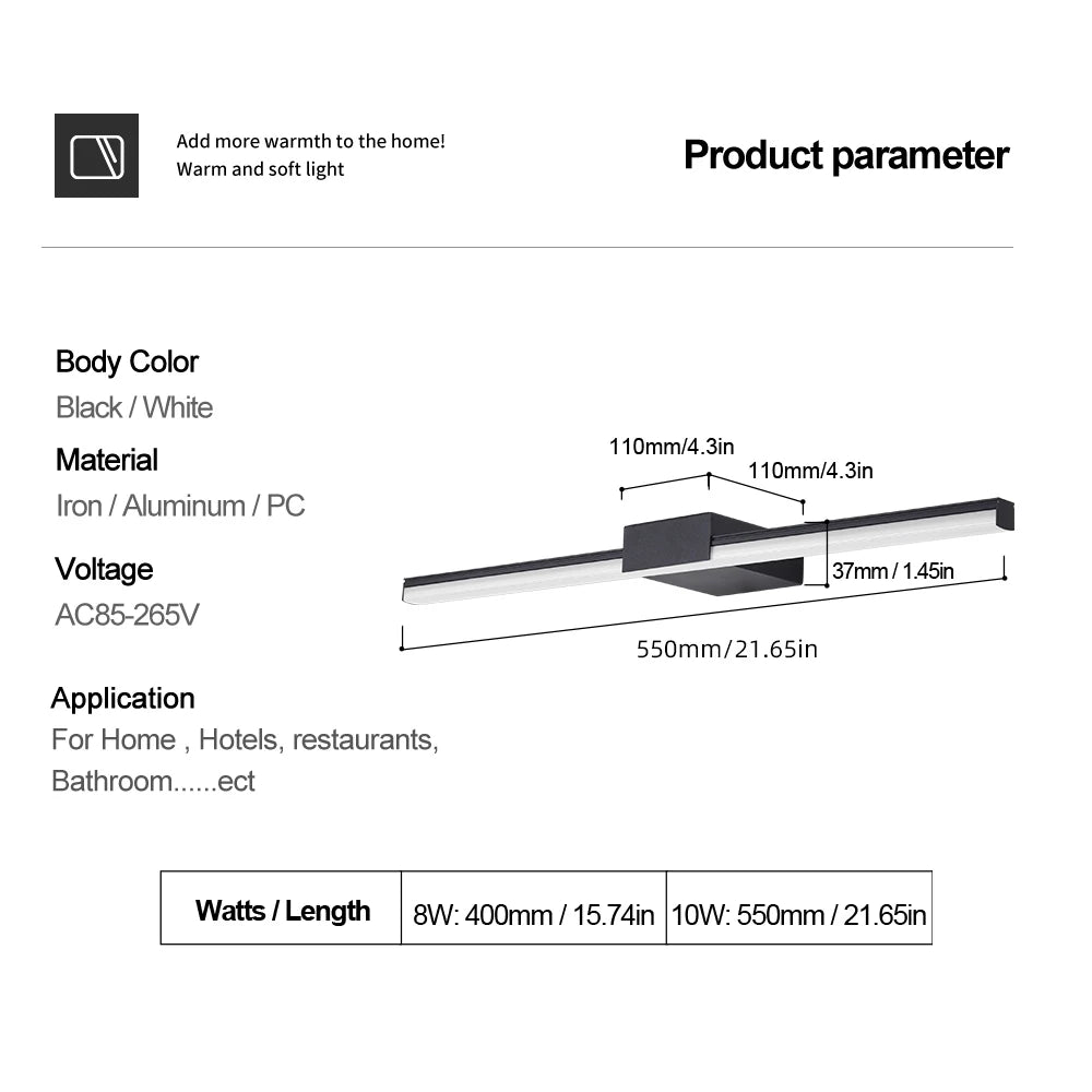 Lámpara de pared Led, luz para espejo de baño, 40cm, 55cm