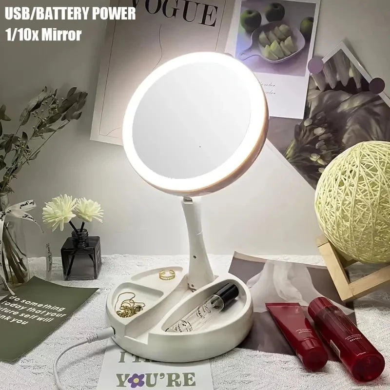 Espejo de doble cara para maquillaje LED portátil con luz y con aumento de 10