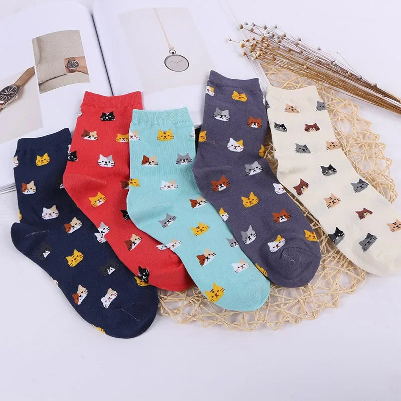 Calcetines con estampado de gato de dibujos animados para mujer, medias Kawaii de estilo japonés.