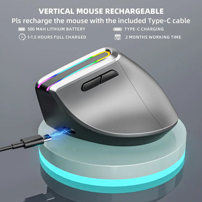 Mouse inalámbrico con Bluetooth, de modo Dual, 2,4G, recargable, Vertical, RGB, ergonómico para muñeca.