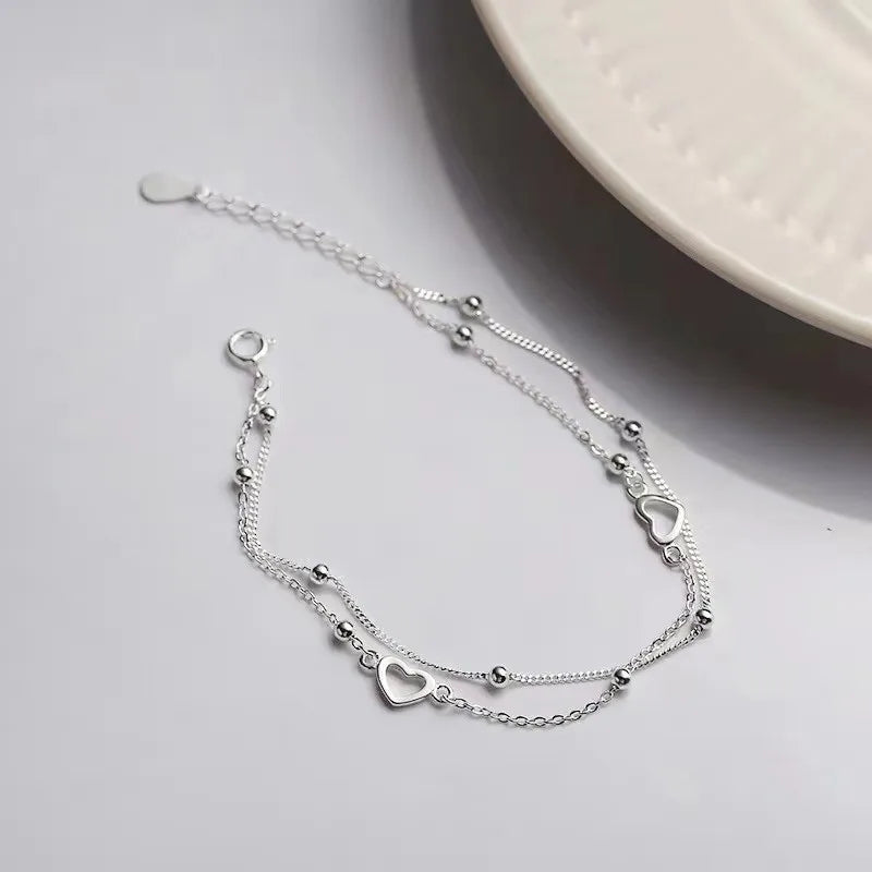 Pulsera de plata de ley 925 con doble corazón de amor y cuentas redondas