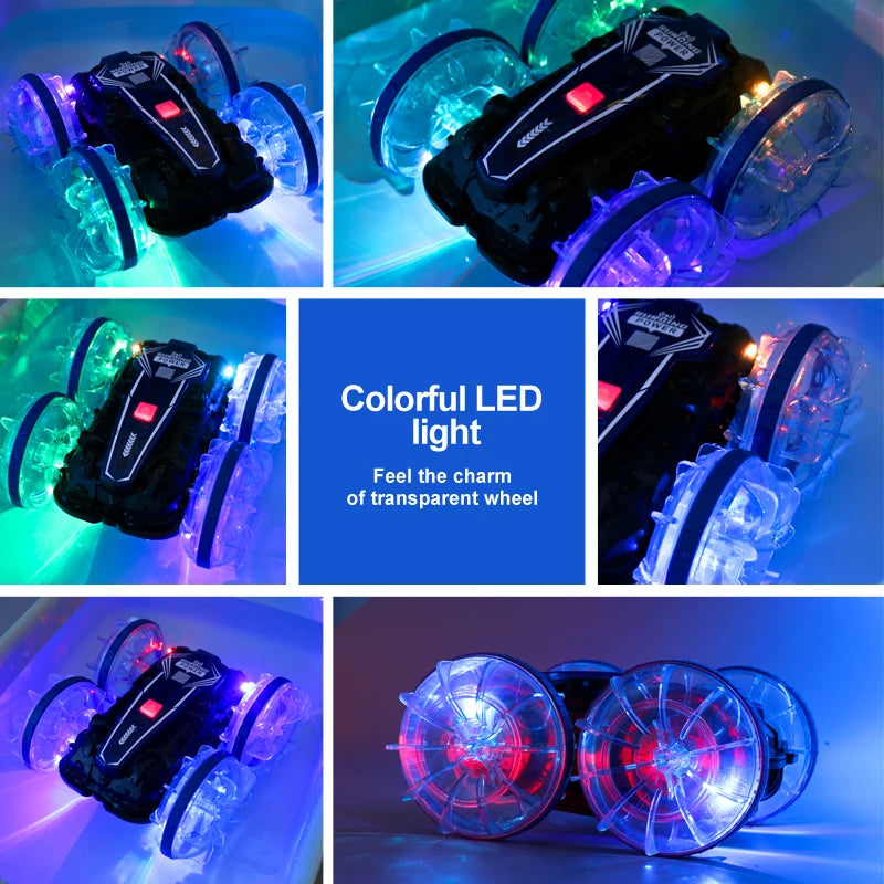 Coche LED anfibio RC, doble control remoto, rotación de 360 °