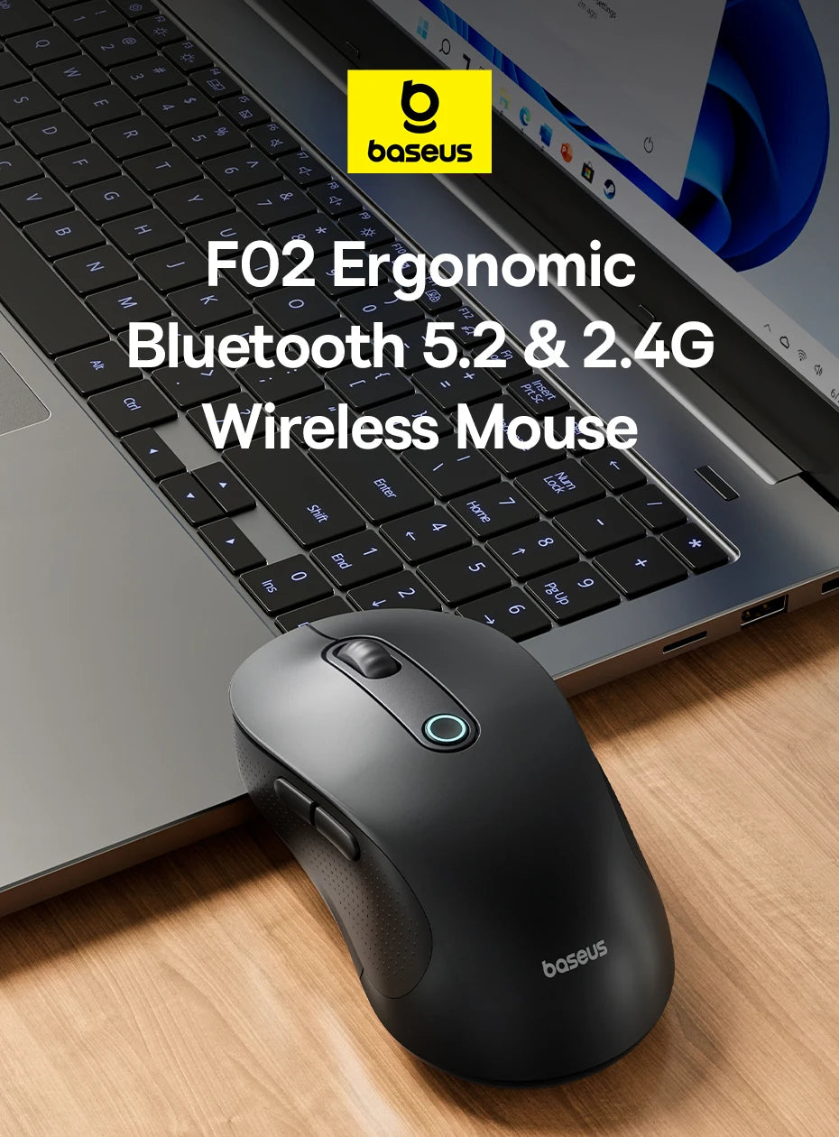 Mouse Baseus inalámbrico F02, periférico con Bluetooth 5,2, 2,4G, 4000DPI, ergonómico, 6 botones.