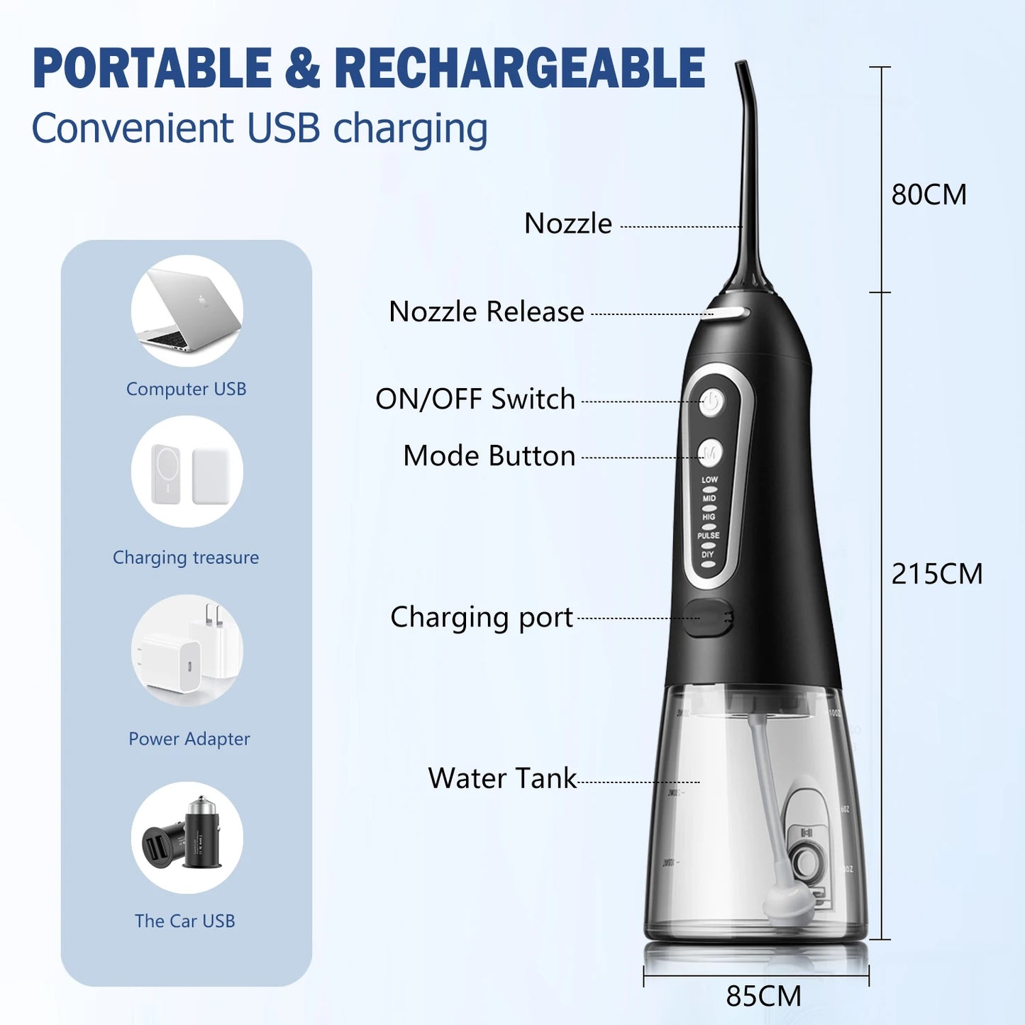 Irrigador Oral recargable por USB, Limpieza dental profesional.