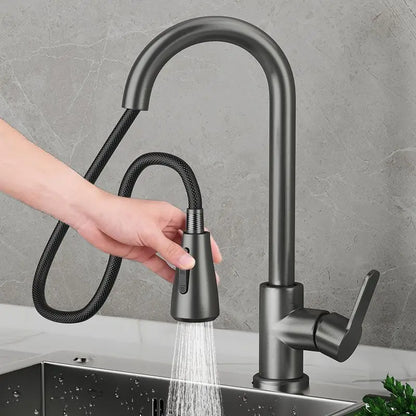 LLave de lavaplatos de cocina con manguera extraíble, diseño moderno y elegante.