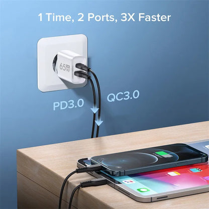 Cargador GaN de 65 W con puerto USB tipo C PD de carga rápida