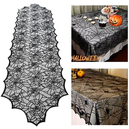 Diseños decorativos de Halloween : Tela de araña negra, mantel de encaje, cortina para chimenea.