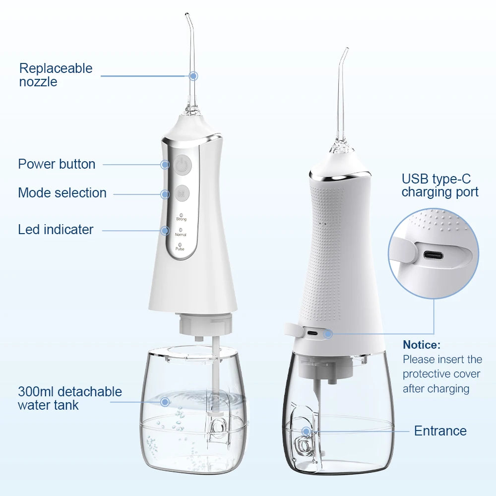 Irrigador Dental de agua, 5 boquillas, 3 modos, recargable por USB