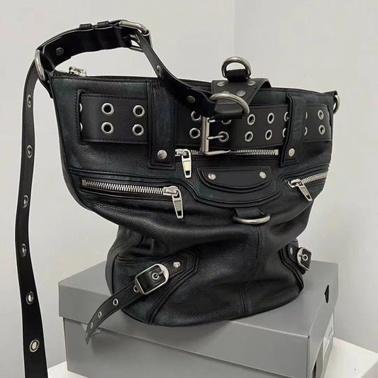 Bolso Mujer Remache De Gran Capacidad Moto Biker Negro