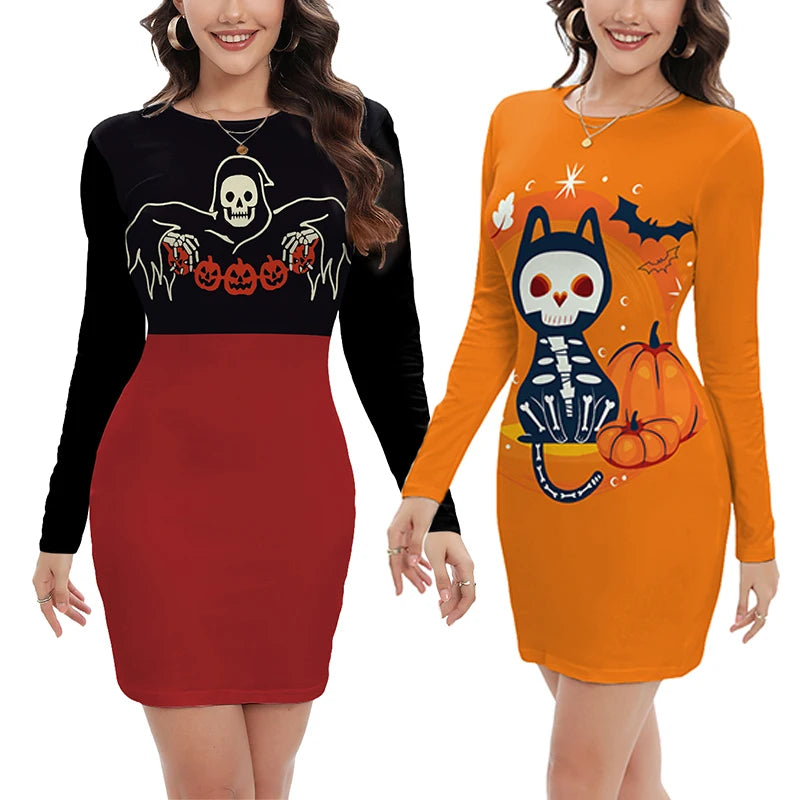 Vestido de fiesta manga larga con estampado 3D de calavera y calabaza