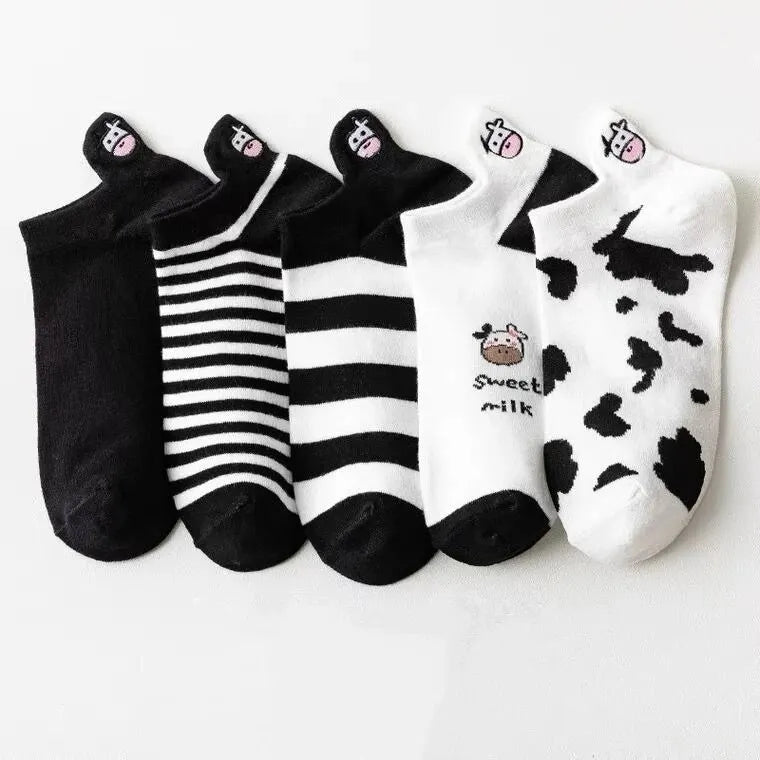 Pack de Calcetines Tobilleros con Estampado de Vaca para Mujer - Diseño Creativo (5 Pares)