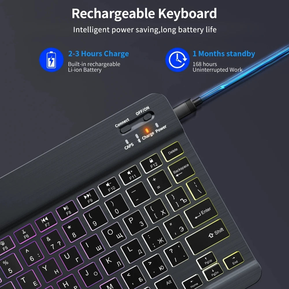 Teclado inalámbrico con Bluetooth, periférico retroiluminado RGB, recargable.